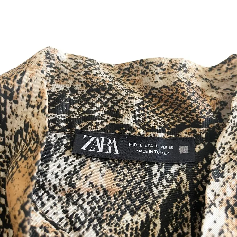 Zara Brown Snakeskin Animal Print Long Sleeve Button Front Tie Neck Midi Dress L